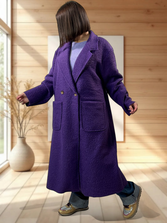 JULIEN - LONG MANTEAU VIOLET EN BOUCLETTE JUSQU'A LA TAILLE 50/52