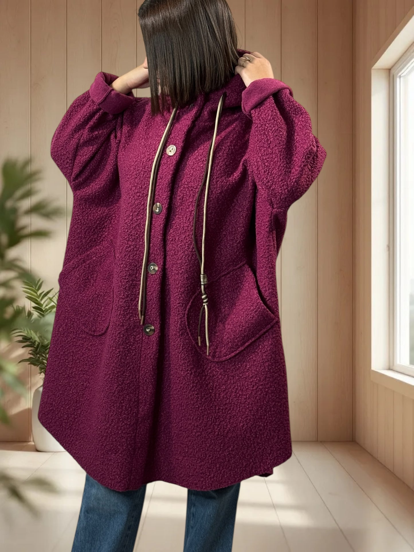 CAPRICE - VESTE OVERSIZE CYCLAMEN A CAPUCHE JUSQU'A LA TAILLE 54