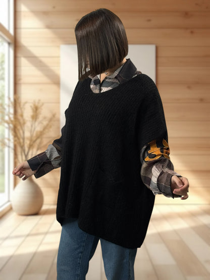 ENZO - PULL NOIR OVERSIZE JUSQU'A LA TAILLE 56