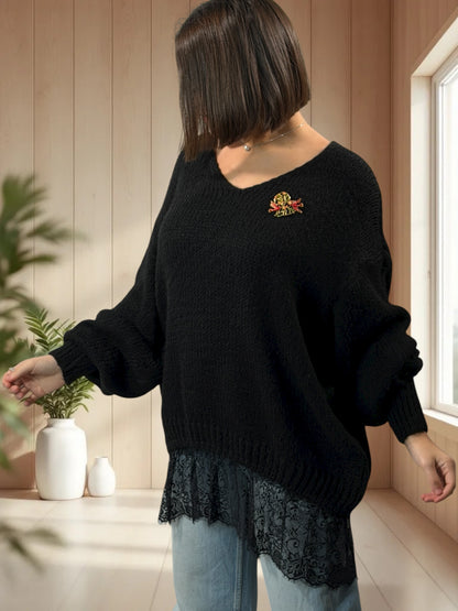 MONIKA - PULL NOIR AVEC DENTELLE JUSQU'A LA TAILLE 48/50