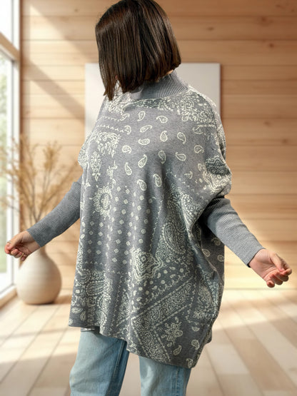 BANDANA - PULL OVERSIZE GRIS A MOTIF JUSQU'A LA TAILLE 56