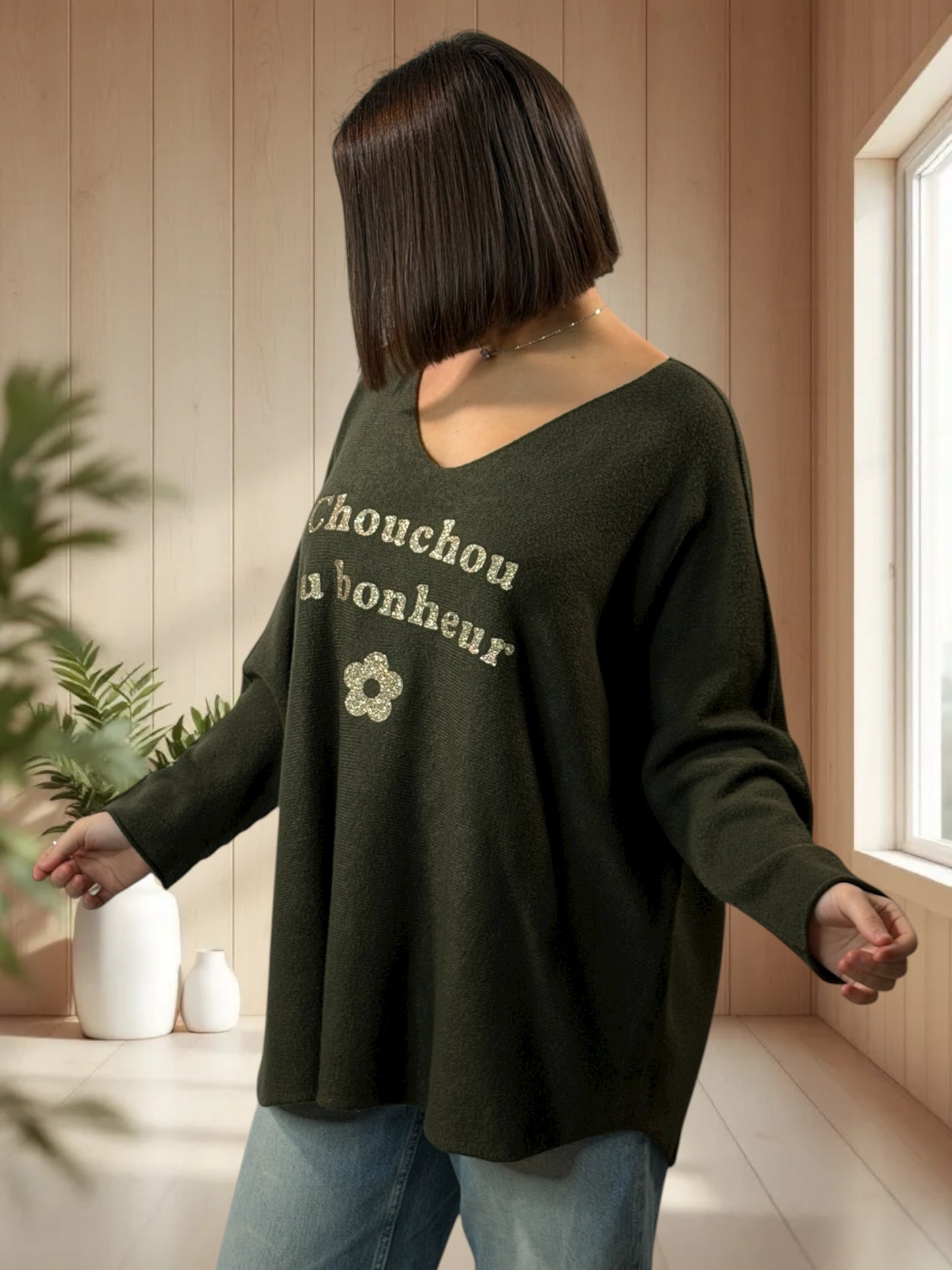 CHOUCHOU - PULL OVERSIZE KAKI JUSQU'A LA TAILLE 54