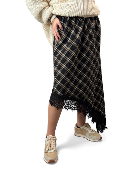 EDIMBOURG - JUPE ECOSSAISE NOIRE AVEC DENTELLE JUSQU'A LA TAILLE 50/52