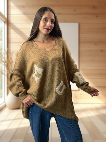 JAMES - PULL OVERSIZE CAMEL JUSQU'A LA TAILLE 56