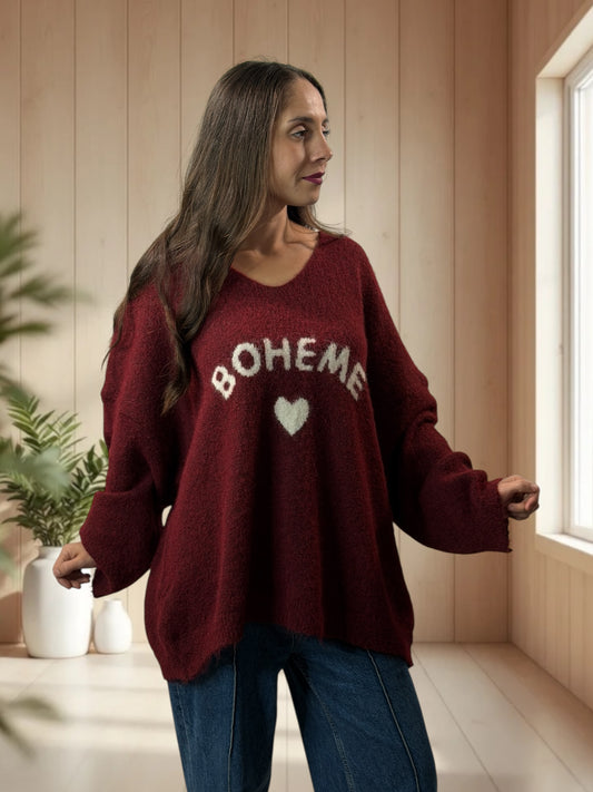 CLAUDIO - PULL BORDEAUX LOGO BOHEME JUSQU'A LA TAILLE 54/56