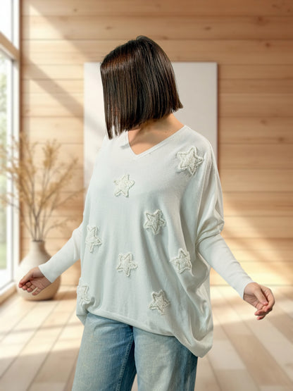FLOCON - PULL BLANC ETOILE ET PERLE JUSQU'A LA TAILLE 52/54