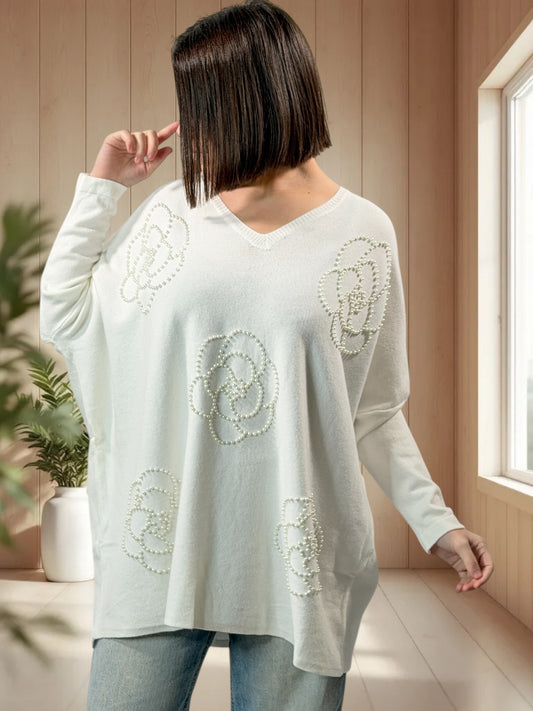 BIANCA - PULL OVERSIZE BLANC AVEC PERLE JUSQU'A LA TAILLE 54/56