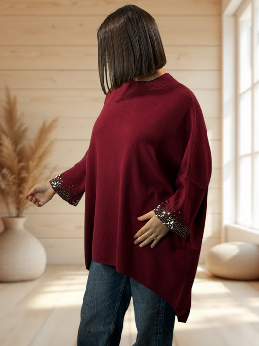 CORALINE - PULL OVERSIZE BORDEAUX AVEC STRASS JUSQU'A LA TAILLE 56