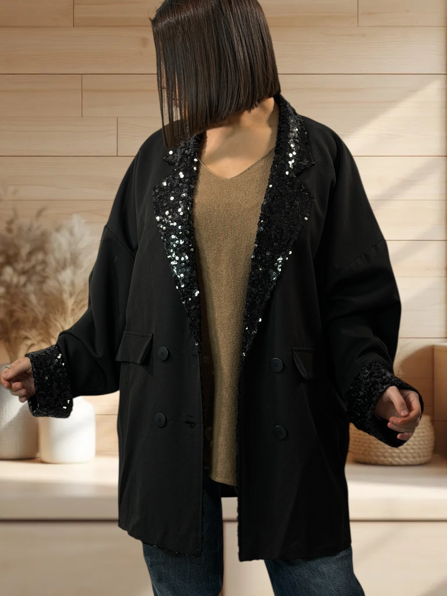 DANY - VESTE NOIR AVEC SEQUINS JUSQU'A LA TAILLE 50