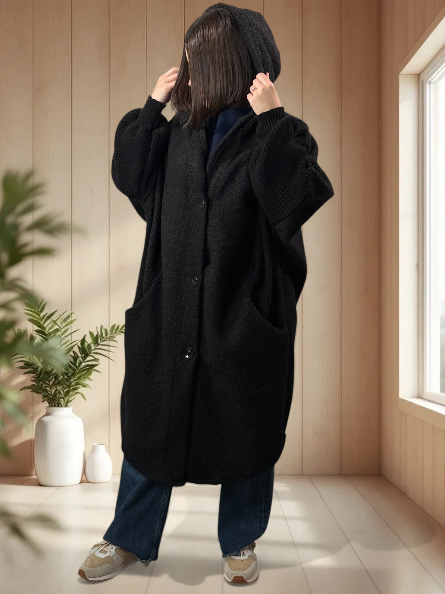 VIRGINIE - MANTEAU OVERSIZE NOIR A CAPUCHE JUSQU'A LA TAILLE 54