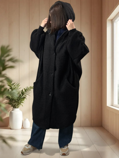 VIRGINIE - MANTEAU OVERSIZE NOIR A CAPUCHE JUSQU'A LA TAILLE 54