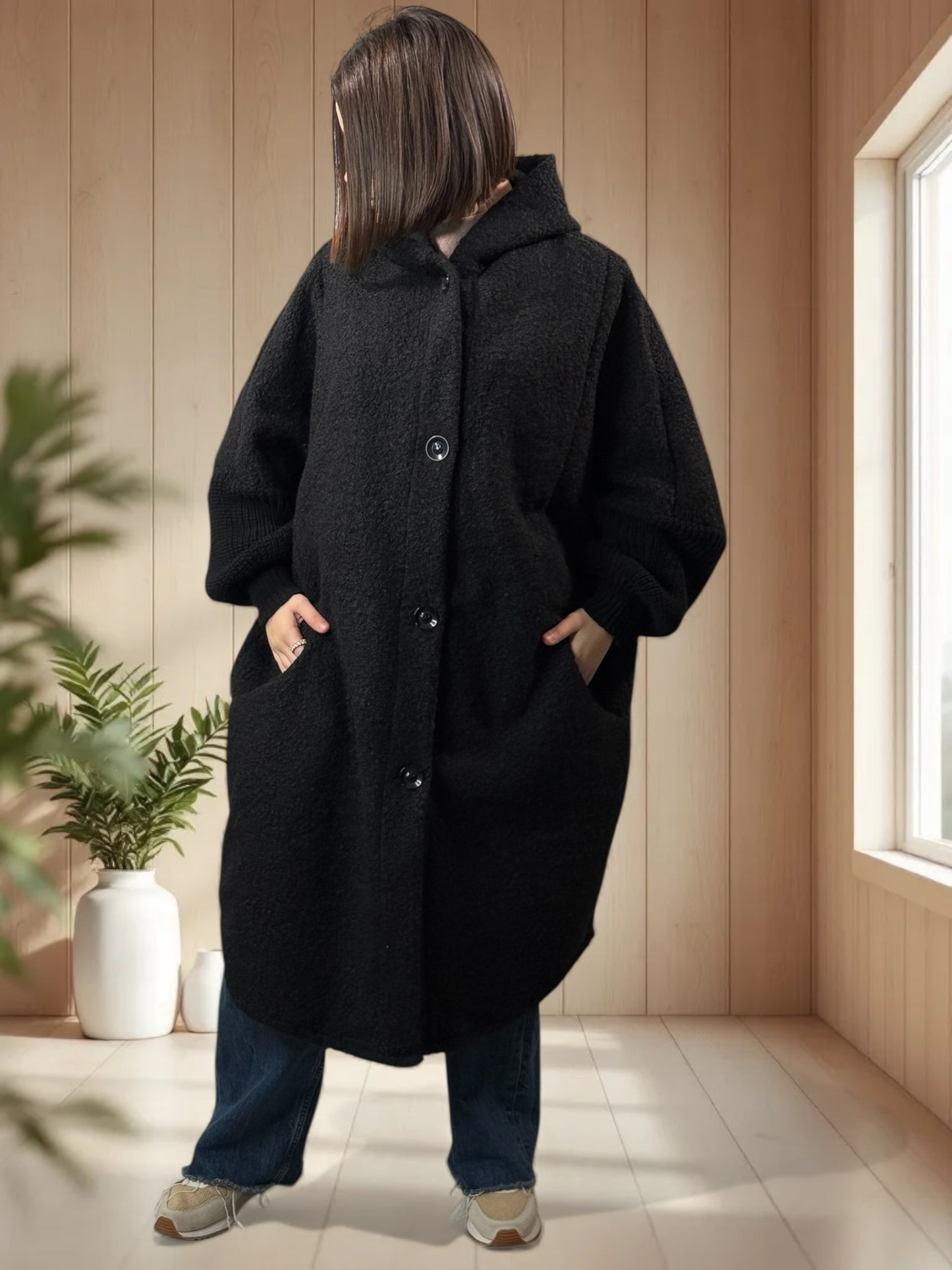 VIRGINIE - MANTEAU OVERSIZE NOIR A CAPUCHE JUSQU'A LA TAILLE 54