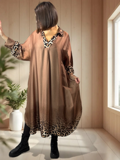 PENELOPE - ROBE AVEC DE LA SOIE MARRON MOTIF LEOPARD JUSQU'A LA TAILLE 52
