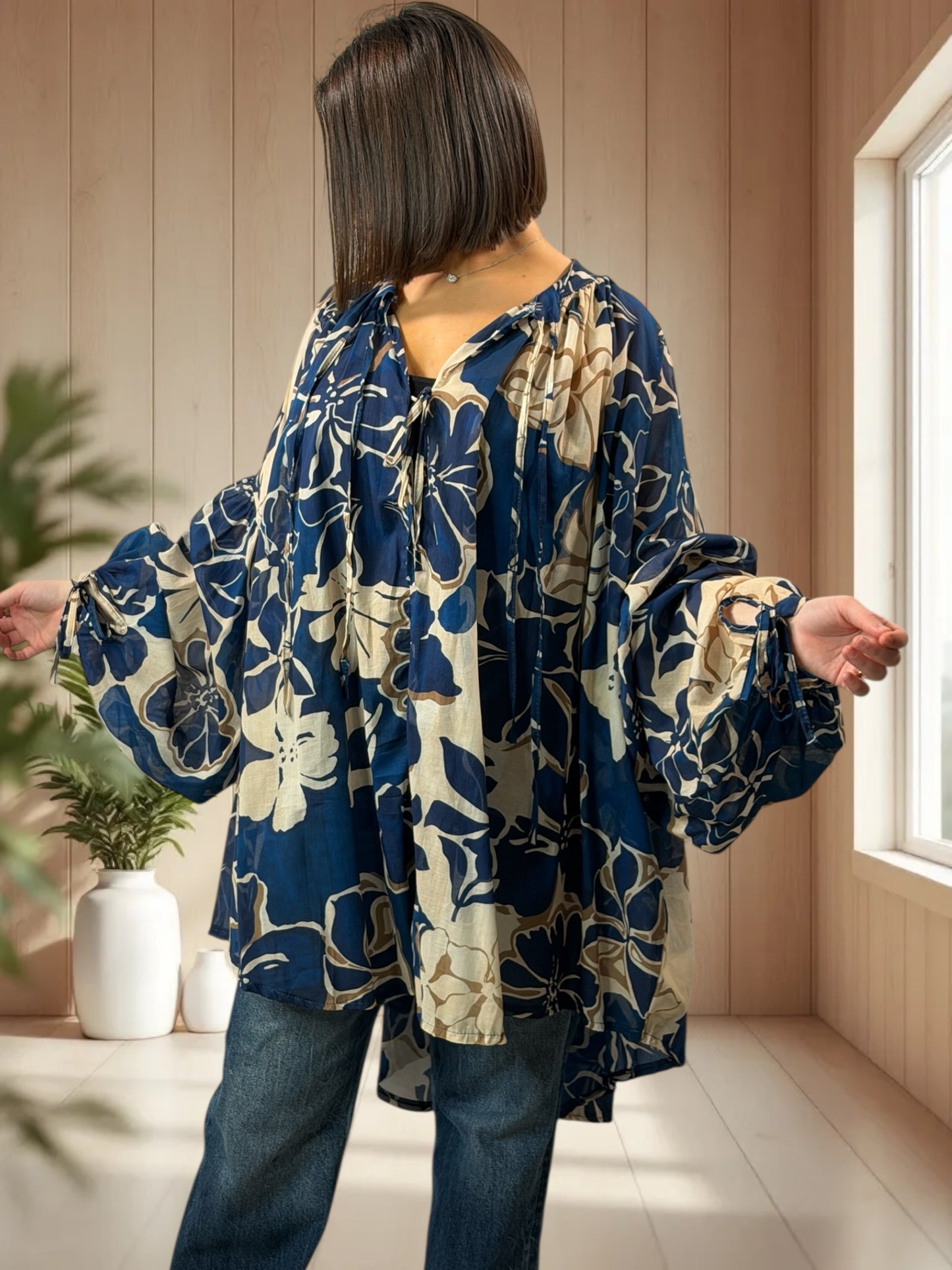 VICTORINE  - TUNIQUE OVERSIZE EN COTON MOTIF MARINE JUSQU'A LA TAILLE 60