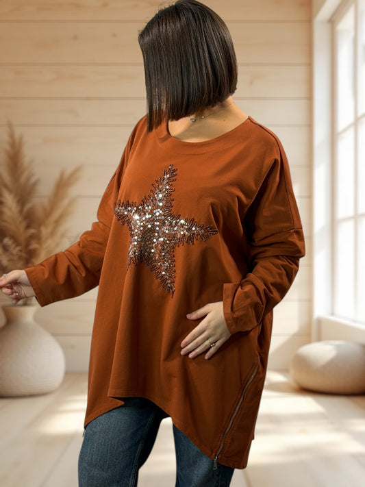 TONY - SWEAT OVERSIZE ROUX ETOILE EN SEQUINS JUSQU'A LA TAILLE 56