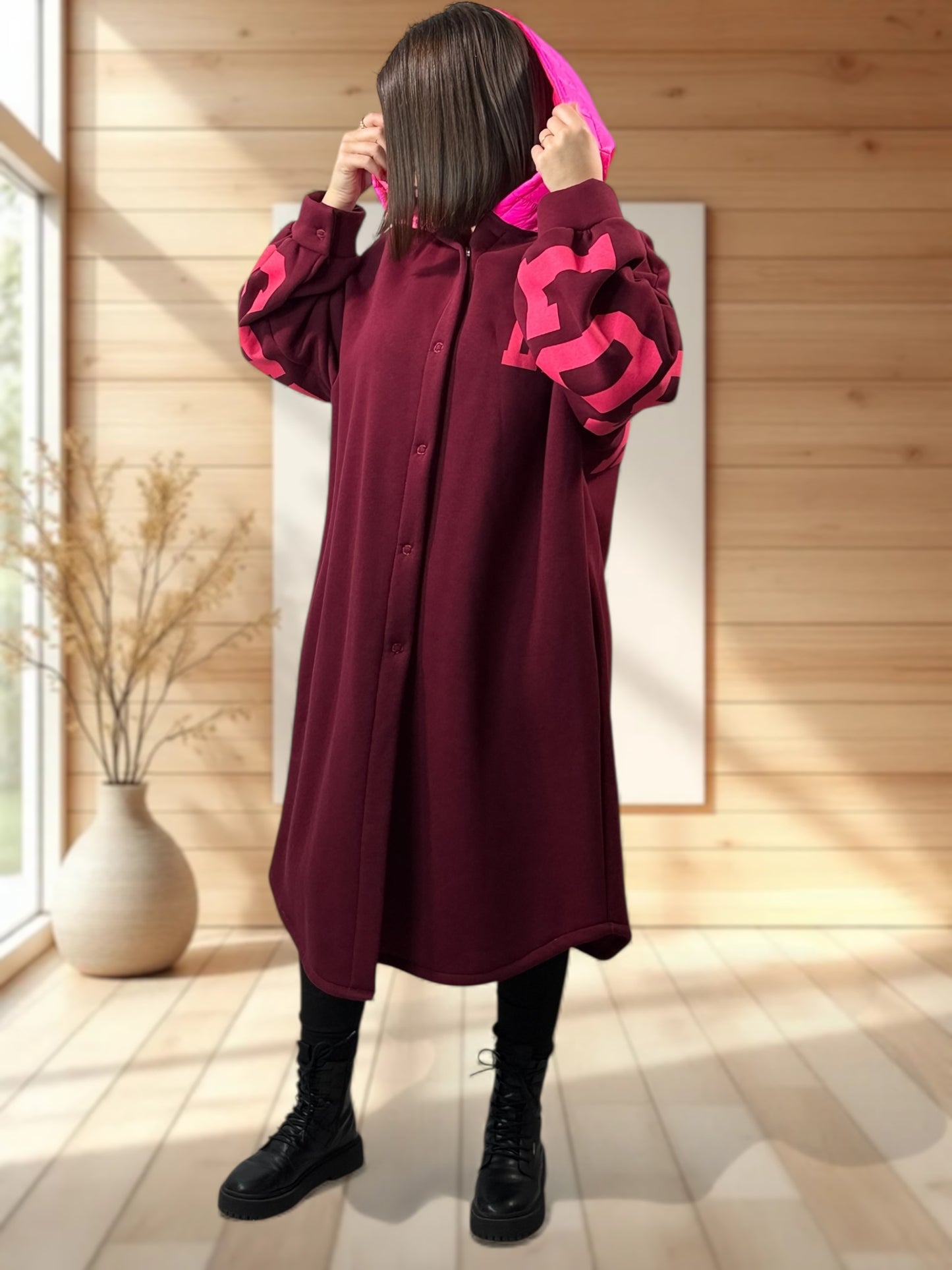 LOS ANGELES - MANTEAU OVERSIZE BORDEAUX A CAPUCHE JUSQU'A LA TAILLE 52