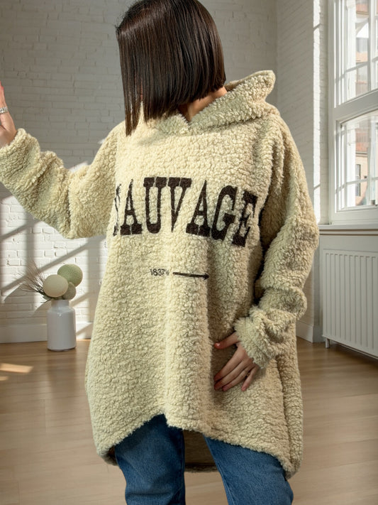 ANGELA - PULL OVERSIZE EN MOUMOUTE BEIGE CAPUCHE JUSQU'A LA TAILLE 56