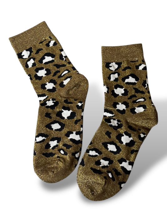 CHAUSSETTES SCINTILLANTES LEOPARD MARRON DORE