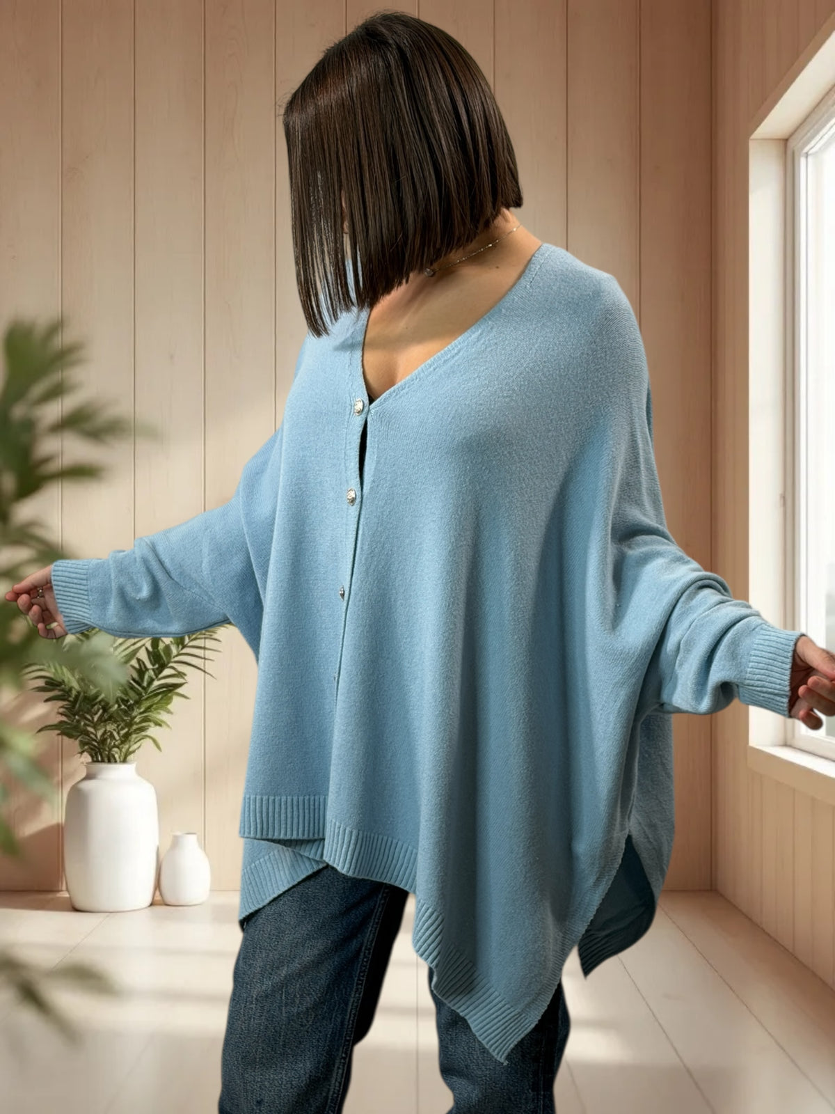 MATHILDE - GILET OVERSIZE BLEU CIEL JUSQU'A LA TAILLE 56/58