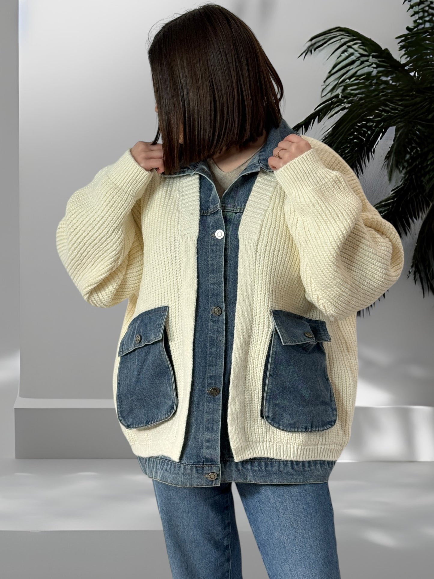 MASSIMO - VESTE BLANC CASSE OVERSIZE AVEC JEAN JUSQU'A LA TAILLE 54