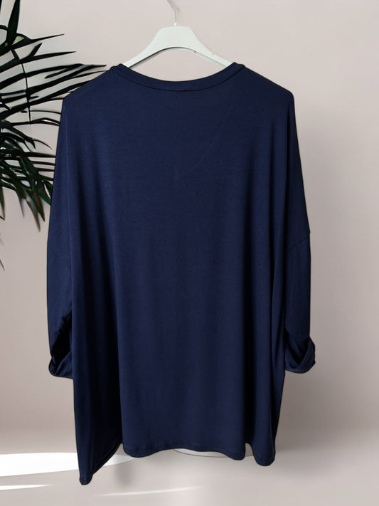 BASTIEN - T-SHIRT EN VISCOSE MARINE MANCHES LONGUES JUSQU'A LA TAILLE 52/54
