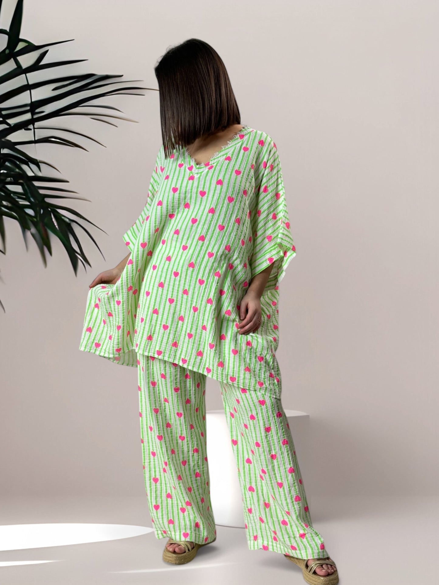 ANGY - PANTALON EN COTON RAYURE VERTE JUSQU'A LA TAILLE 48/50