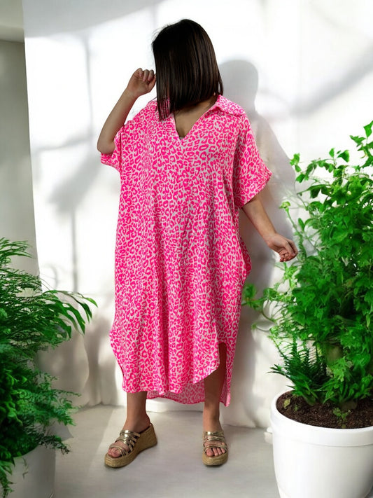 FELINE - ROBE OVERSIZE LEOPARD FUCHSIA JUSQU'A LA TAILLE 50