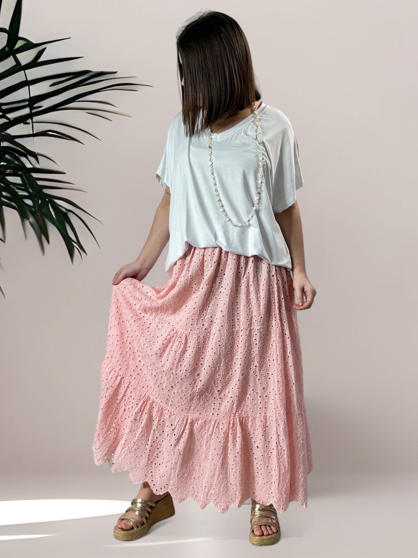 ROMY - JUPON ROSE EN BRODERIE ANGLAISE JUSQU'A LA TAILLE 54