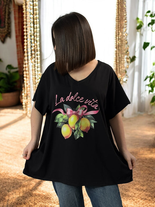 ENNIO - T-SHIRT NOIR MOTIF DOLCE VITA JUSQU'A LA TAILLE 52/54