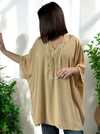 SONIA - TUNIQUE CAMEL BORDEE DE DENTELLE JUSQU'A LA TAILLE 54/56