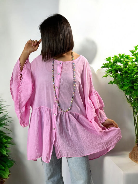 CORALINE - BLOUSE OVERSIZE ROSE EN COTON JUSQU'A LA TAILLE 52/54