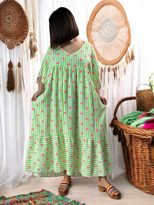 NATALIA - ROBE RAYURE VERTE JUSQU'A LA TAILLE 56