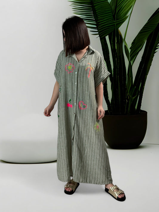 SOPHIE - ROBE CHEMISE OVERSIZE RAYURE KAKI JUSQU'A LA TAILLE 48