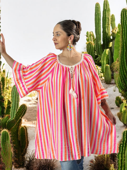 LILOU - BLOUSE OVERSIZE A RAYURE FUCHSIA EN COTON JUSQU'A LA TAILLE 56