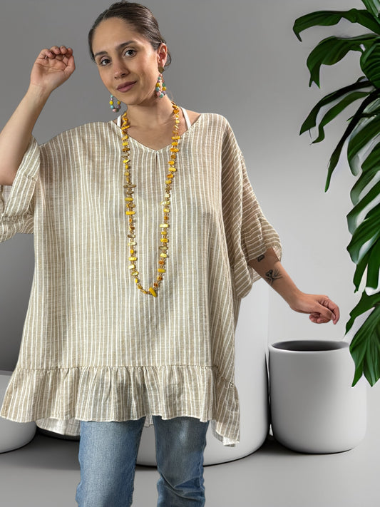 NELLY - TUNIQUE EN COTON A RAYURE TAUPE JUSQU'A LA TAILLE 52/54