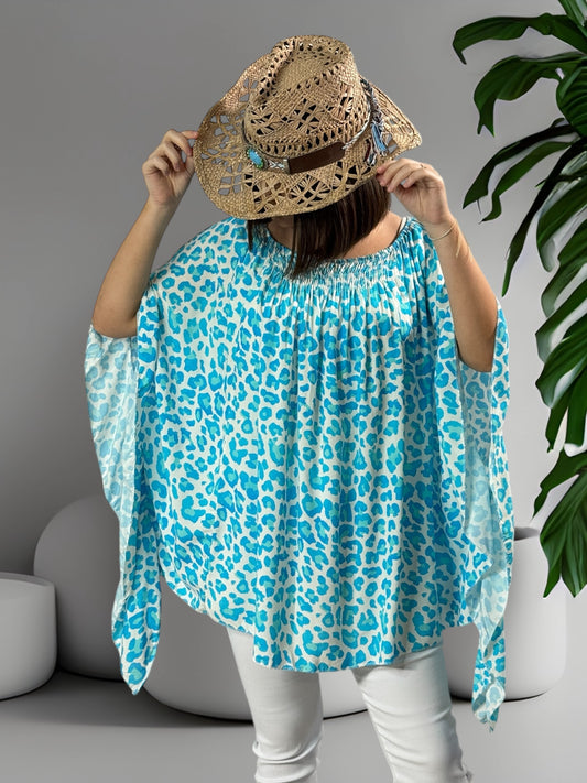 FAUVE - BLOUSE LEOPARD TURQUOISE OVERSIZE  JUSQU'A LA TAILLE 54
