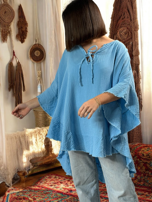VICTOIRE - TUNIQUE OVERSIZE BLEUE EN GAZE DE COTON JUSQU'A LA TAILLE 52/54