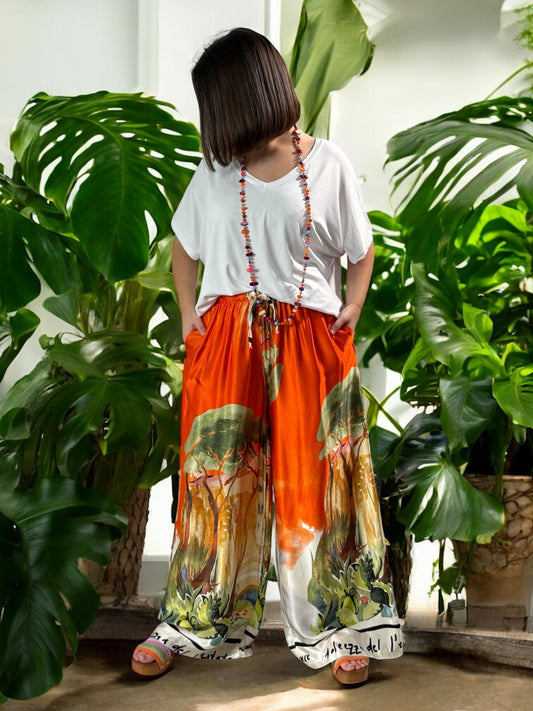 ARTISTE - PANTALON FLUIDE SATINE ORANGE A MOTIF JUSQU'A LA TAILLE 48
