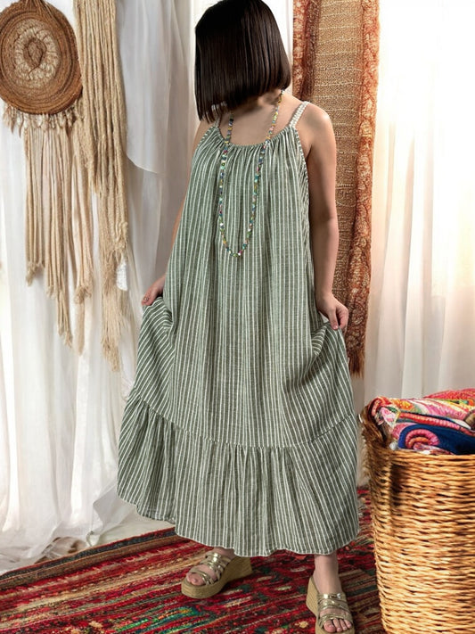 MARION - ROBE A RAYURE KAKI JUSQU'A LA TAILLE 54