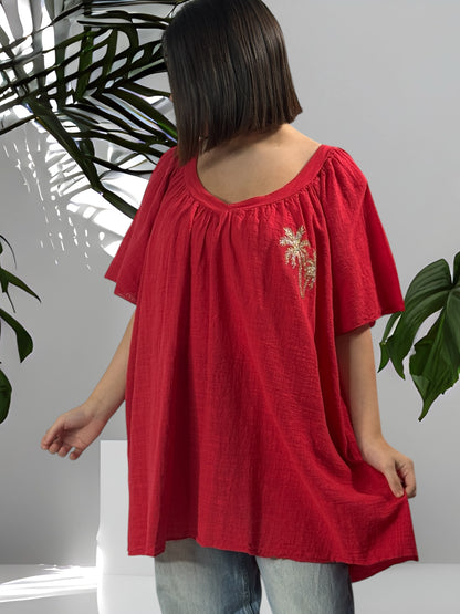 ASTRID - BLOUSE OVERSIZE ROUGE LIN ET COTON JUSQU'A LA TAILLE 54