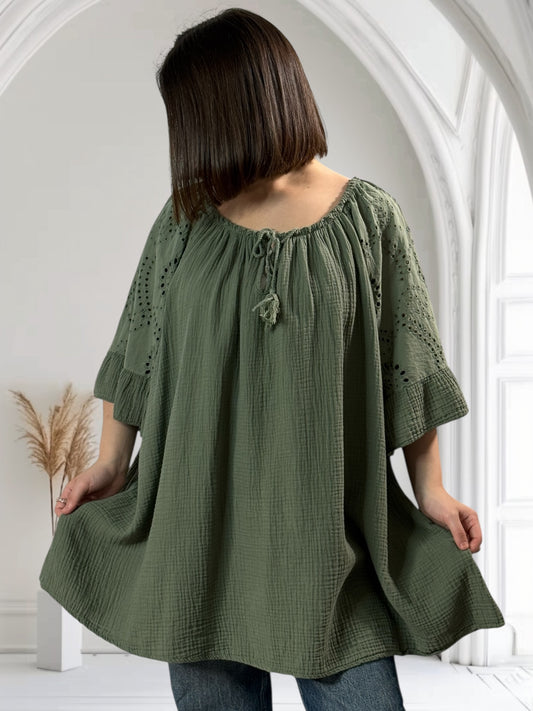 MEREDITH - BLOUSE OVERSIZE KAKI EN COTON JUSQU'A LA TAILLE 54/56