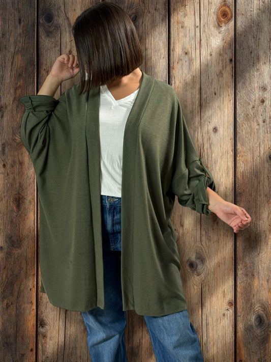 TEDDY - GILET KAKI EN MAILLE OVERSIZE JUSQU'A LA TAILLE 54