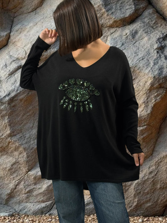 FREEDOM - PULL NOIR EN MAILLE FLUIDE OEIL EN SEQUINS JUSQU'A LA TAILLE 52