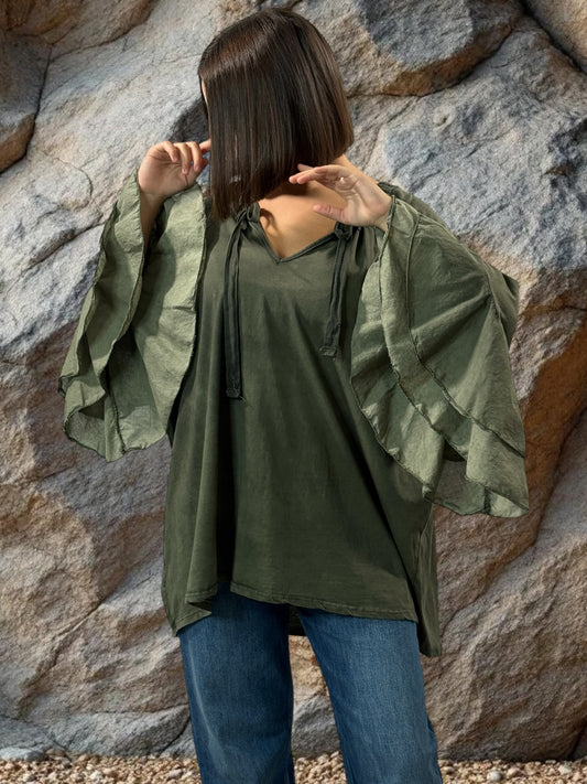 EMILIE - BLOUSE KAKI EN COTON OVERSIZE JUSQU'A LA TAILLE 52