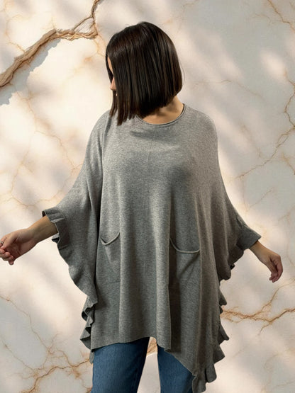 BIANCA - PONCHO TAUPE EN MAILLE JUSQU'A LA TAILLE 56/58