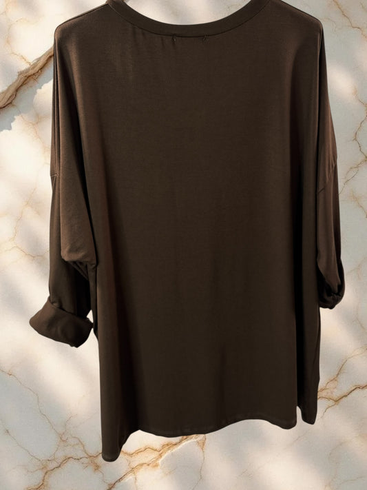 BASTIEN - T-SHIRT EN VISCOSE MARRON MANCHES LONGUES JUSQU'A LA TAILLE 52/54