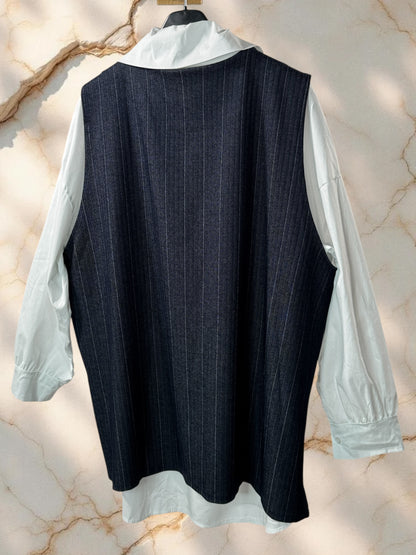 PAULIN - ENSEMBLE CHEMISE ET GILET CHEVRONS MARINE JUSQU'A LA TAILLE 52