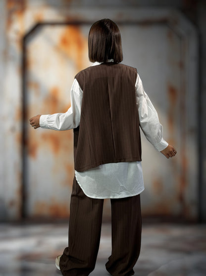 ADRIEN - GILET MARRON À RAYURE JUSQU'A LA TAILLE 48