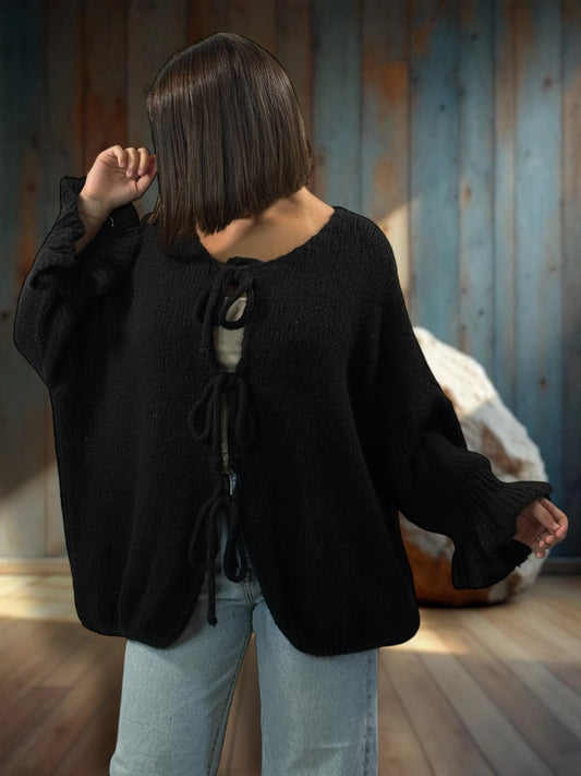BERENGERE - GILET OVERSIZE NOIR AVEC NOEUDS JUSQU'A LA TAILLE 52/54