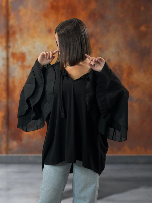 EMILIE - BLOUSE NOIRE EN COTON OVERSIZE JUSQU'A LA TAILLE 52
